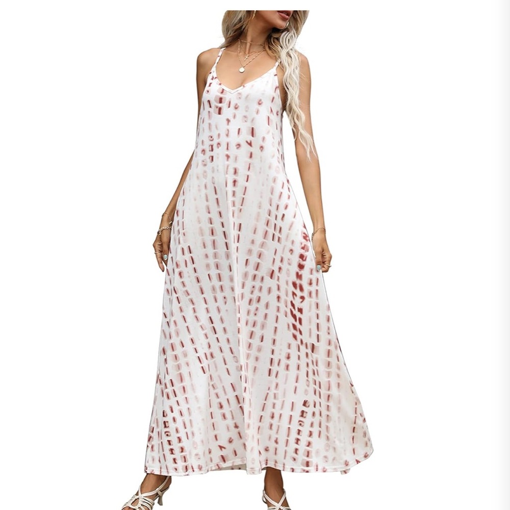 OURS V-NECK CAMI STYLE MAXI DRESS W/ POCKETS ADJUSTABLE STRAPS CREAM SIZE: XL